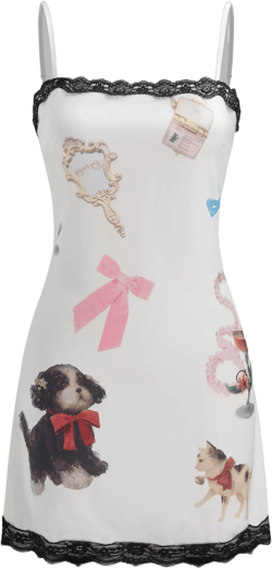 Satin Square Neck Accessories Graphic Lace Trim Mini Dress