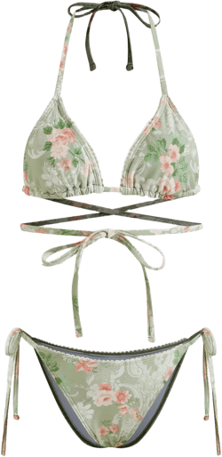 V-neck Floral Criss Cross Halter Tie Side Bikini Set