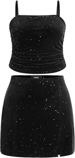 Silk Rhinestone Crop Tube Top & Mid Waist Split Mini Skirt Matching Set Curve & Plus