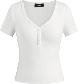 Cotton-blend V-neck Solid Button Short Sleeve Tee