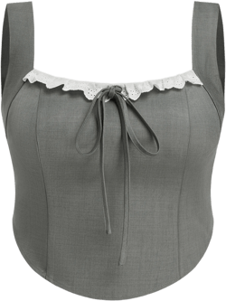 Square Neck Contrasting Lace Knotted Shirred Solid Crop Top Curve & Plus