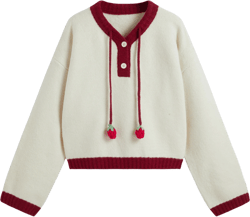 Knit V-neck Strawberry Contrasting Binding Drawstring Long Sleeve Top