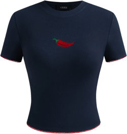 Round Neckline Pepper Embroidery Contrasting Binding Short Sleeve Tee