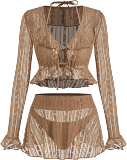 V-neck Lettuce Trim Triangle Bikini Set & Cover Up Set