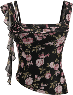 Floral Ruffle Hem Rosette Asymmetrical Tank Top