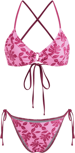 V-neck Leaf Cut Out Criss-Cross Tie Side Bikini Set