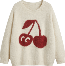 Knit Wool-blend Round Neckline Cherry Oversized Long Sleeve Top Curve & Plus