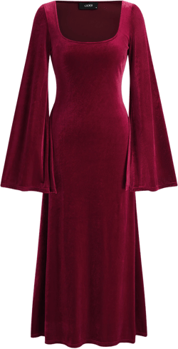 Velvet Square Neck Solid Maxi Bell Sleeve Dress