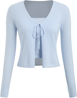 Knit V-neck Solid Knotted Long Sleeve Cardigan With Crop Tube Top