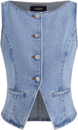 Denim Boat Neck Solid Button Vest