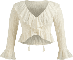 Lace V-neck Solid Tassel Rope Ruffle Hem See-through Crop Blouse Curve & Plus
