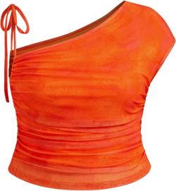 Mesh Asymmetrical Neck Floral Gradient Drawstring Ruched Crop Top Curve & Plus
