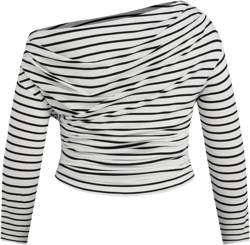 Cotton-blend Asymmetrical Neck Striped Ruched Long Sleeve Top Curve & Plus