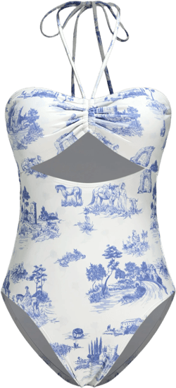 Shaping Toile De Jouy Cut Out One Piece Swimsuit