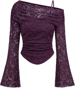 Lace Asymmetrical Neck Floral Curved Hem Long Sleeve Top