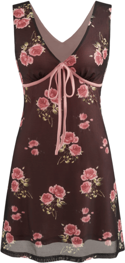 Mesh V-neck Floral Contrasting Binding Knotted Mini Dress