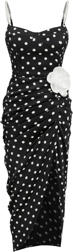 Satin Rosette Polka Dot Split Pearl Chain Midi Dress