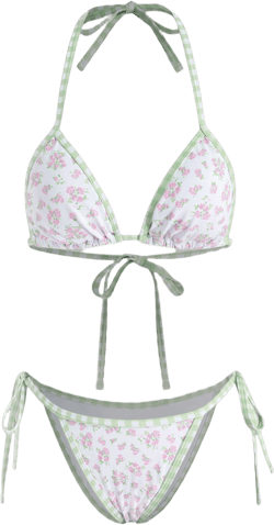 Floral Check Contrasting Binding Triangle Tie Side Bikini Set