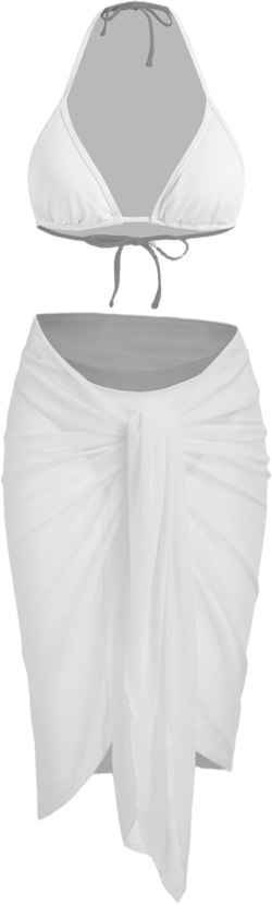 Ribbing Halter Neckline Drawstring Bikini Set With Sarong