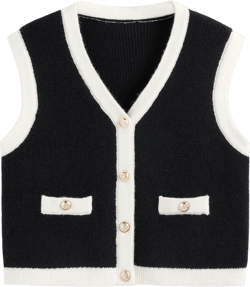 Knitted V-neck Solid Contrasting Binding Button Vest Curve & Plus
