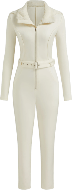 Faux Fur Hooded Legging Jumpsuit With Belt