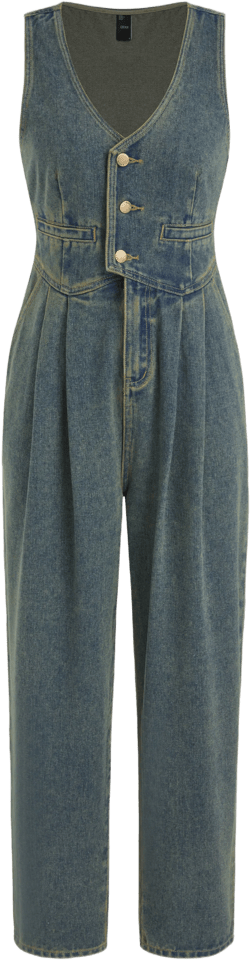 Denim V-neck Belted Straight Leg Jumpsuit