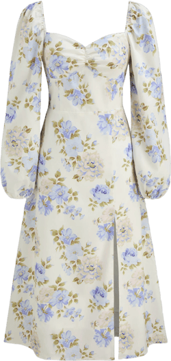 Sweetheart Neckline Floral Split Shirred Midi Dress