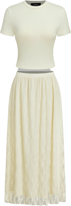 Round Neck Crop Top & Elastic Waist Lace Maxi Skirt