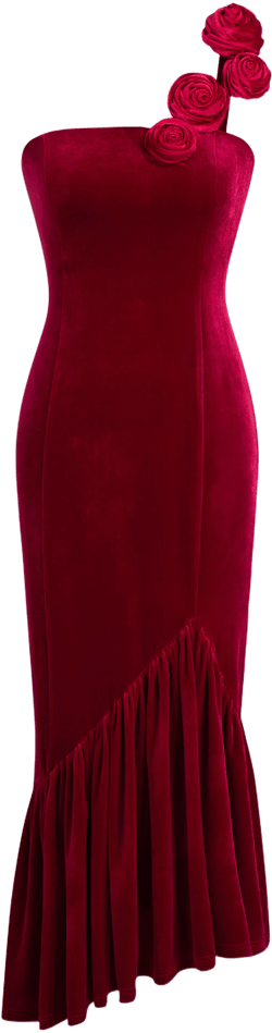 Velvet Rosette Ruffle Tube Maxi Dress