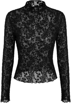 Lace High Neck Lettuce Trim Long Sleeve Top
