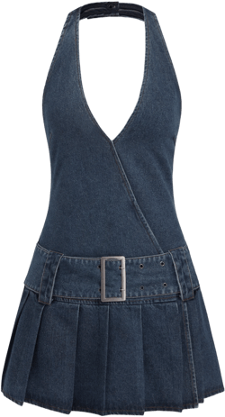 Denim Pleated Mini Dress With Belt 