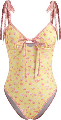 Shaping Sweetheart Floral Bowknot Contrasting Binding One Piece Swimsuit