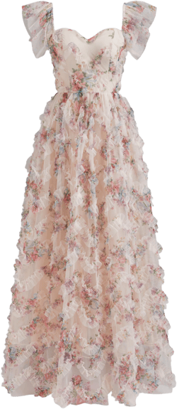 Mesh Square Neck Floral Lettuce Trim Lace Up Maxi Dress