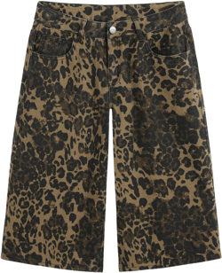 Denim Low Rise Leopard Wide Leg Bermuda Shorts