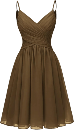 Women's Spaghetti Straps Homecoming Dresses Short Chiffon A Line Bridesmaid Dresses with Pockets 2 Brown