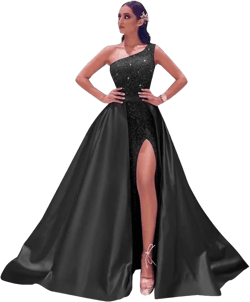 Prom Dresses Long Ball Gown Sparkly Sequin One Shoulder Satin Slit A Line Evening Party Dress for Women Formal 16 Plus Black