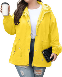 Bloggerlove Women's Rain Jacket Plus Size Lightweight Raincoat with Hood Waterproof Outdoor Windbreaker Yellow 4X-Large