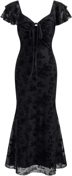 Mesh Sweetheart Neckline Floral Ruffle Knotted Maxi Dress