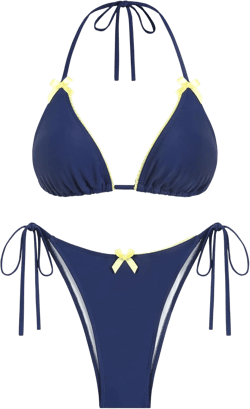 ZAFUL Women's Sexy Halter Bikini Sets Bow Decor Tiny Floral Print Bikini Swimsuits Tie Side Triangle Bathing Suits Medium 3-deep Blue