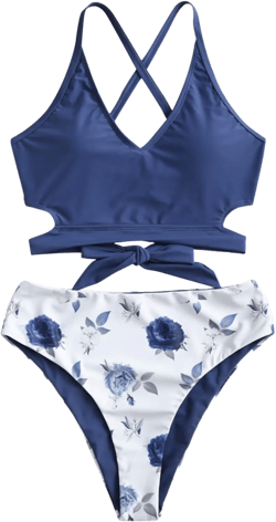 ZAFUL Women's Crisscross High Waisted Bikini Set Knotted Floral Reversible Cut Out Tankini Two Piece Padded High Rise Swimsuit Lapis Blue 2XL