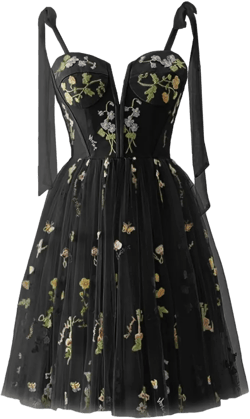 Women's Tulle Flower Embroidery Short Homecoming Dresses Spaghetti Straps A Line Graduation Party Dresses 3-black 8