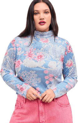 Stand Collar Floral Long Sleeve Jersey Top Curve & Plus