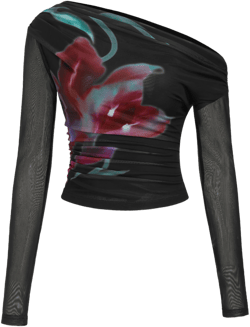 Asymmetrical Neck Floral Ruched Long Sleeve Top
