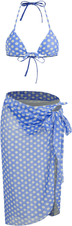 V-neck Polka Dot Knotted Halter Bikini Set With Sarong