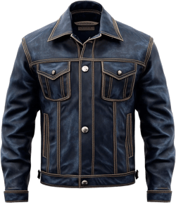 Mens Blue Trucker Denim Style Jacket Multi Pocket Genuine Leather Jackets Navy Blue - Genuine Leather Medium