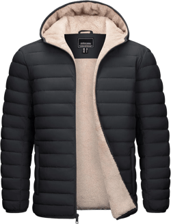 Cotrasen Mens Puffer Jacket Sherpa Lined Water Resistant Hooded Full Zip Mid-Weight Warm Insulated Winter Coat Black Medium
