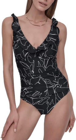 DKNY Women's Black Ruffle Plunge One-Piece Swimsuit