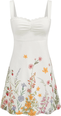 Linen-blend Square Neck Floral Mini Dress