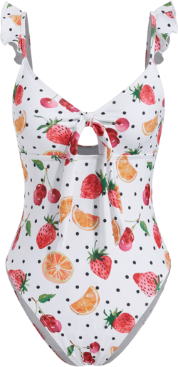 Shaping V-neck Fruit Polka Dot Cut Out One Piece Swimsuit