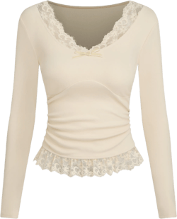 V-neck Lace Trim Bowknot Ruched Top